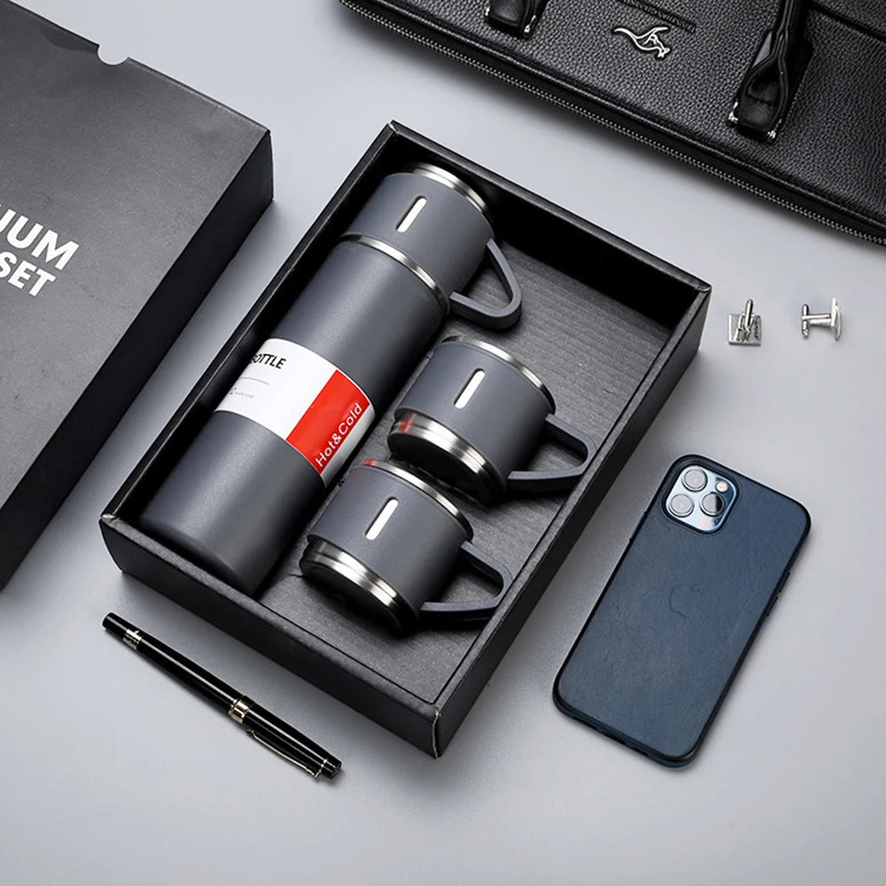 500 ml One Cup Three Lid Thermos Cup Set 304 Stainless Steel Handle Lid Gift Cup Men's And Women's Portable Gift Box Set