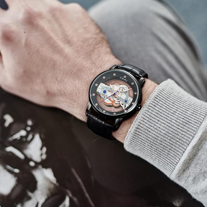 Tomi Wrist Watches Stylish Leather Gents Diamond Analogue Watch Men Waterproof Skeleton Quartz 2 Replacement Strap